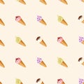 Vector seamless pattern with hand drawn ice creams with different flavors and decoration.